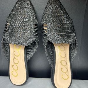 Raffia Pointy Toe Closed Toe Flat Mules Sandals Slides-Black